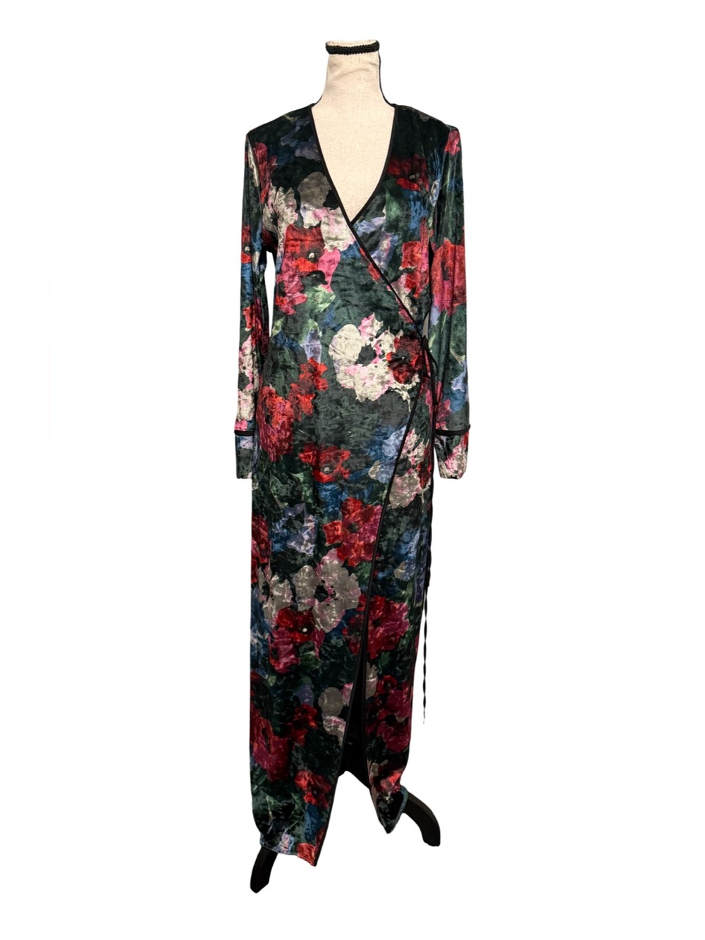 ZARA Accessories Small Velvet Floral Wrap Maxi Dress Long Sleeve Multicolor